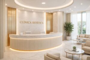 Clínica de estética com ambiente profissional para ilustrar estratégias de marketing digital.